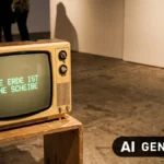 Alter Röhrenfernseher in einer Galerie zeigt den Schriftzug „Die Erde ist eine Scheibe“