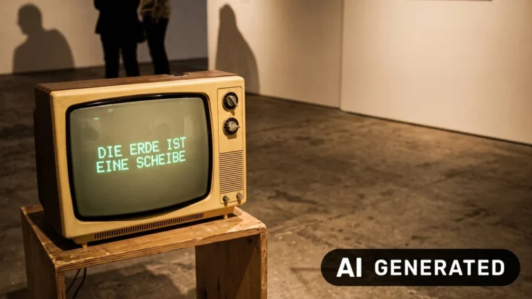 Alter Röhrenfernseher in einer Galerie zeigt den Schriftzug „Die Erde ist eine Scheibe“